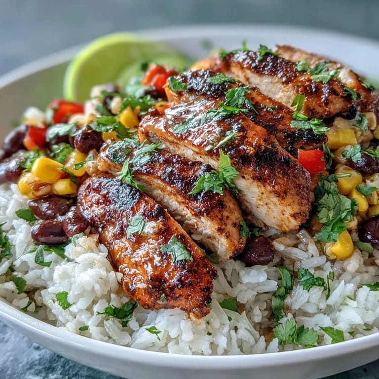 In this Cajun Chicken Bowl, tender chicken and black beans rest on fluffy rice beside sweet corn and peppers, topped with creamy avocado for a satisfying meal.