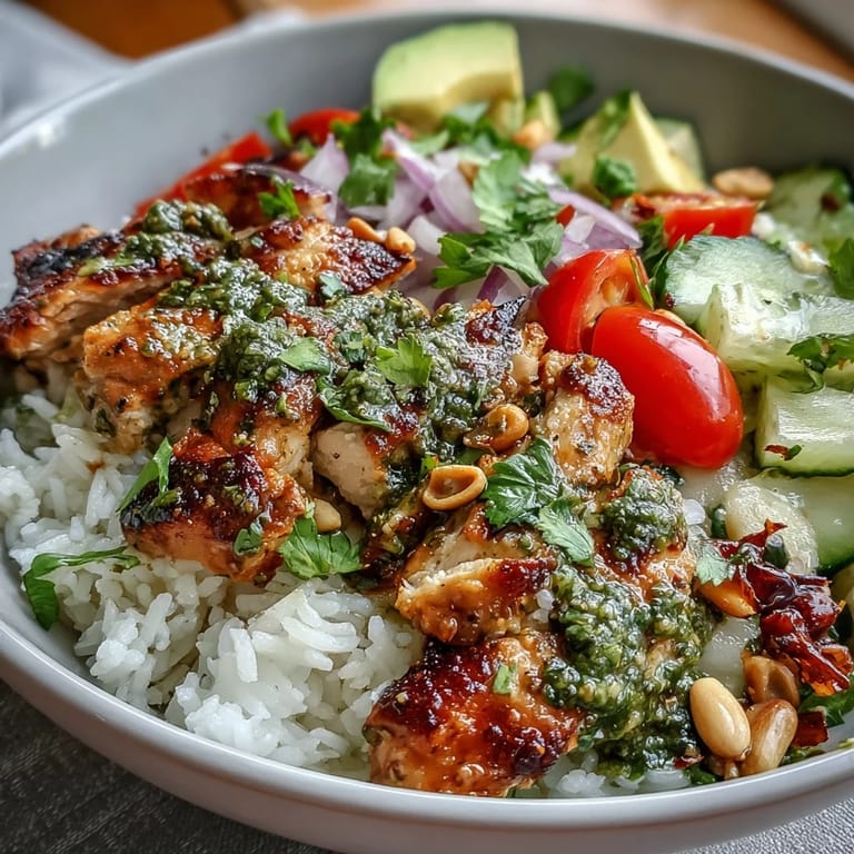 A colorful Pesto Chicken Bowl garnished with sliced avocado, a sprinkle of toasted pine nuts, and bright basil leaves, served on a rustic wooden table.