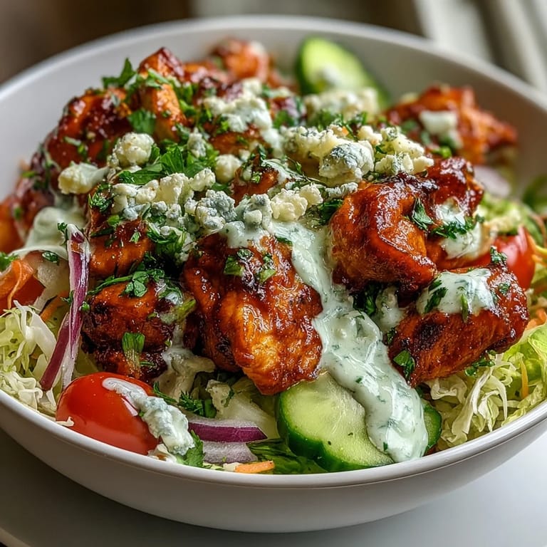 Buffalo Chicken Bowl garnished with a light ranch drizzle and blue cheese crumbles, ready to serve as a colorful and spicy main dish.
