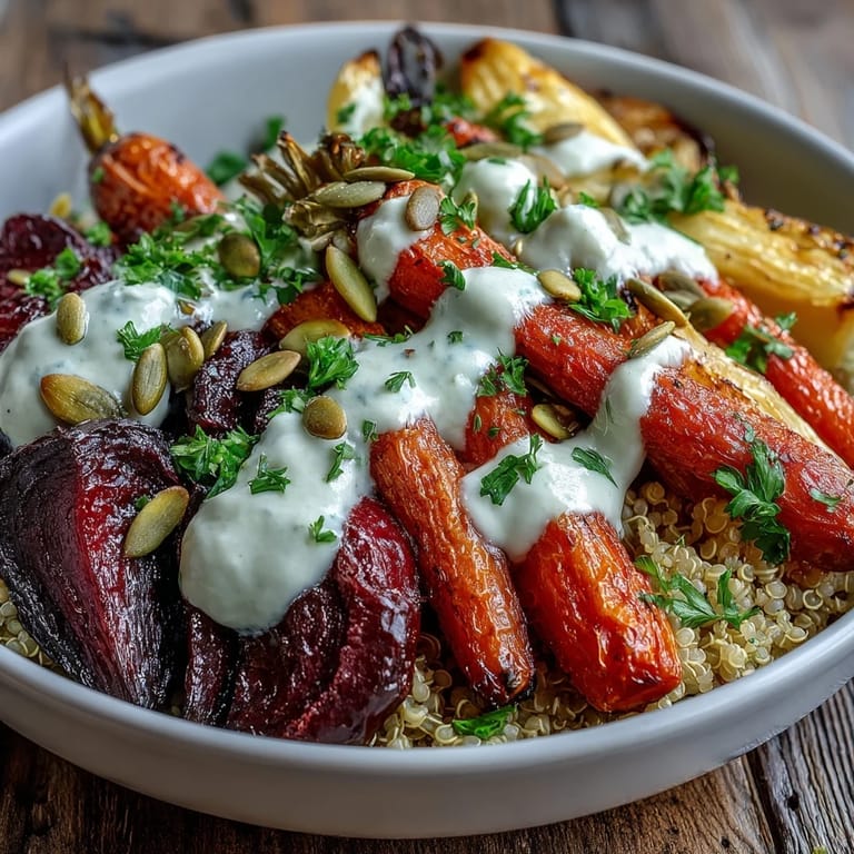 Savory, golden roasted root vegetables over quinoa, finished with parsley and pumpkin seeds in a vibrant, gluten-free Roasted Root Vegetable Bowl.