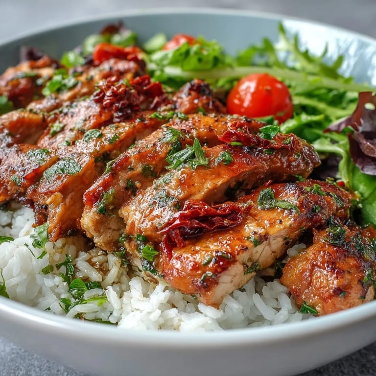 Golden, herb-kissed chicken tops a bed of rice and fresh salad in this inviting Sun-Dried Tomato Chicken Bowl.  