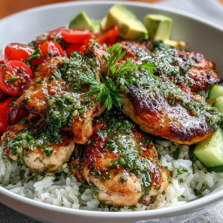 Colorful Chimichurri Chicken Bowl featuring sliced marinated chicken, fluffy rice, crisp cucumbers, and a drizzle of bright green chimichurri.