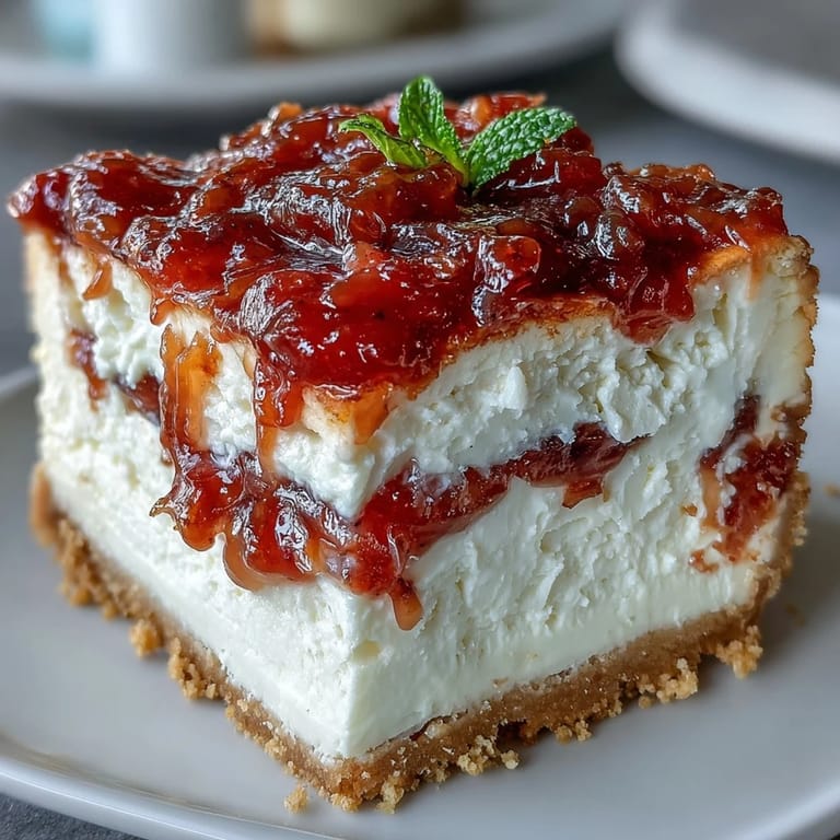 Overhead view of a whole Easy Guava Swirl Cheesecake in a springform pan, featuring marbled pink and white swirls.