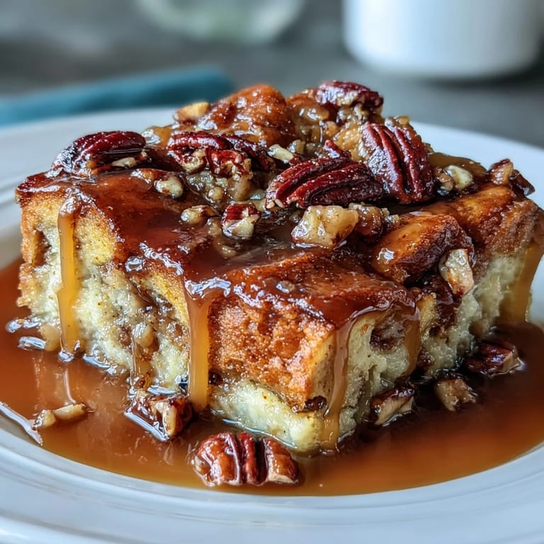 Warm Guava Caramel Bread Pudding with Pecans is scooped from a dish, paired with melting vanilla ice cream and a sweet caramel swirl.