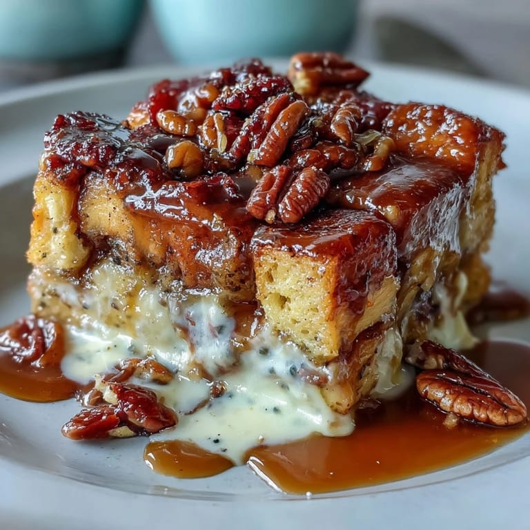 Close-up of Guava Caramel Bread Pudding with Pecans reveals a custard-soaked brioche crumb and chopped pecans toasted to a deep brown.