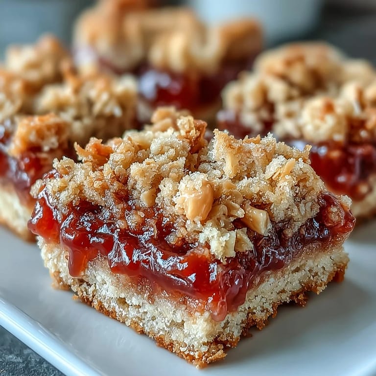 Guava Jam Bars stacked high, showing gooey tropical guava filling between buttery oat layers. 