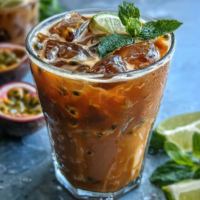 A frothy pitcher of DIY Iced Guava Passionfruit Drink next to sliced strawberries and pineapple, perfect for summer parties.