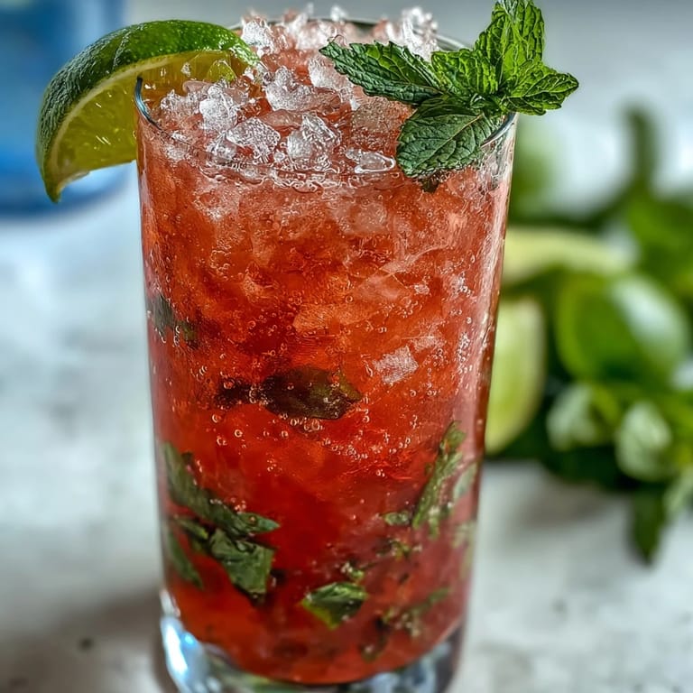 Colorful guava nectar and white rum poured over crushed ice in a glass.