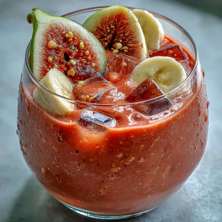 Frozen Guava Banana Smoothie being poured into a glass over ice chips.