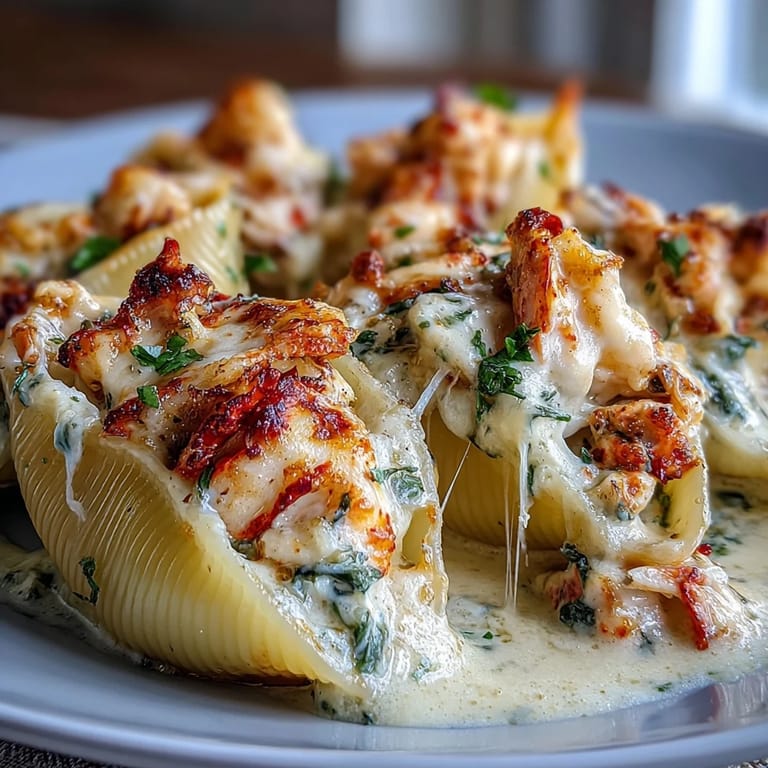 Bubbling Creamy Seafood Stuffed Shells emerge from the oven, garnished with fresh herbs, ready for a special Italian-American dinner.