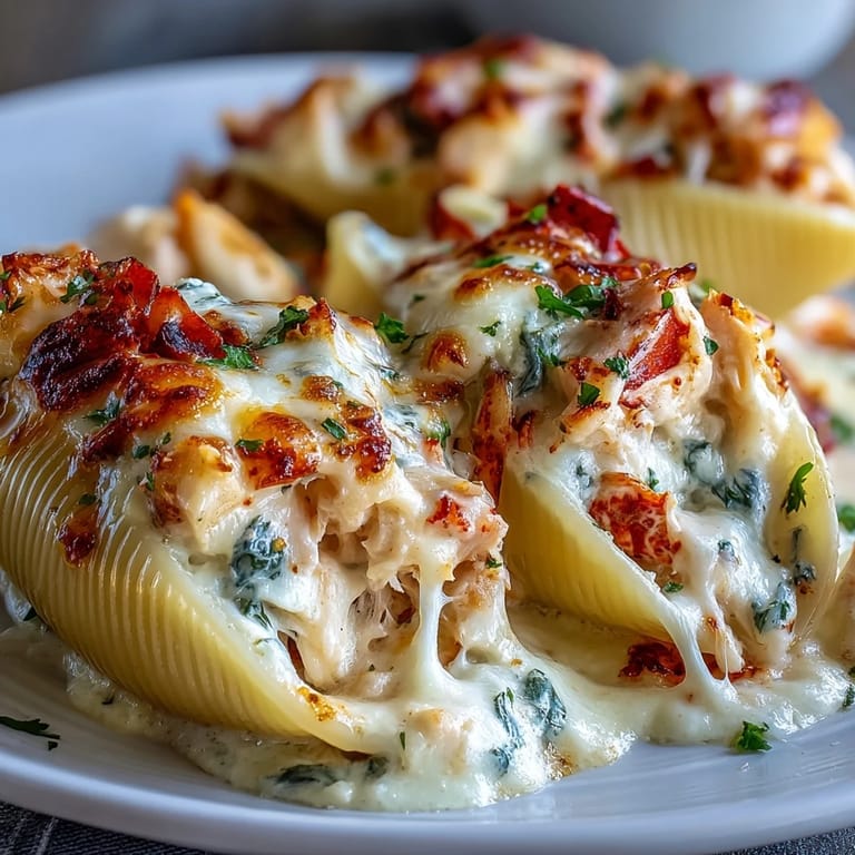 A close-up shows rich, cheesy filling inside pasta shells, paired with a crisp white wine on a cozy dinner table.