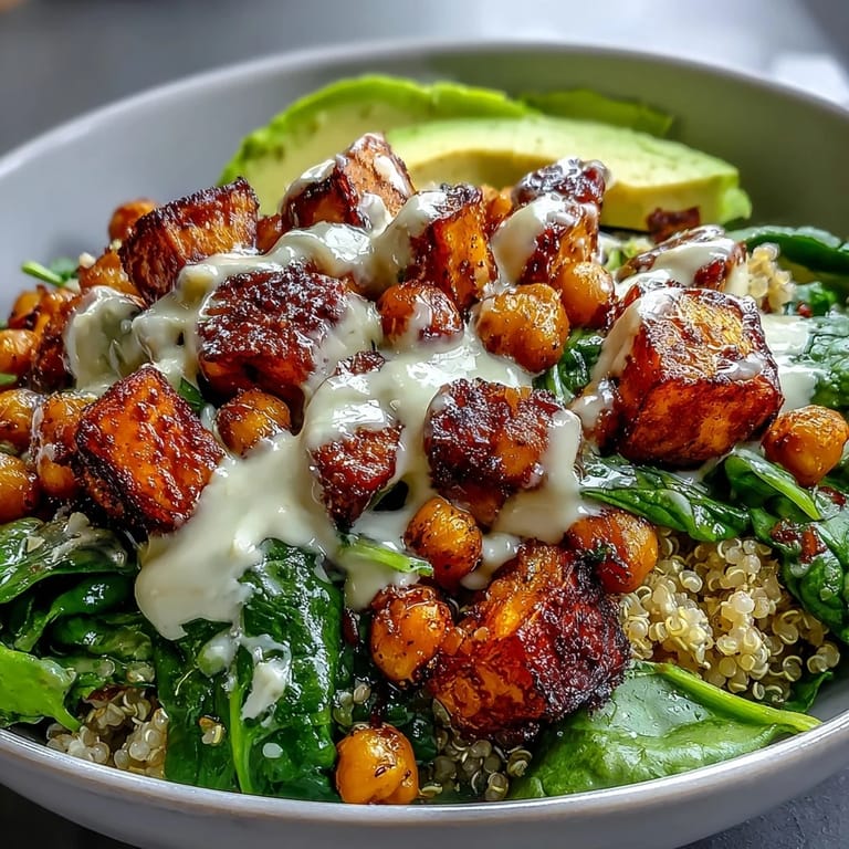 The Anti-Inflammatory Glow Bowl with Tahini Yogurt drizzled generously, topped with fresh spinach and creamy avocado slices for a healthy vegetarian meal.