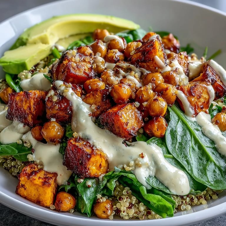 Close-up of a nourishing Anti-Inflammatory Glow Bowl with Tahini Yogurt sauce over warm grains, showcasing vibrant colors and satisfying textures ready to eat.