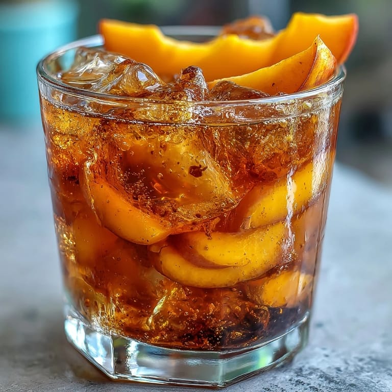 Vibrant orange Mango Iced Tea served over ice, glistening condensation on a sunny patio table.