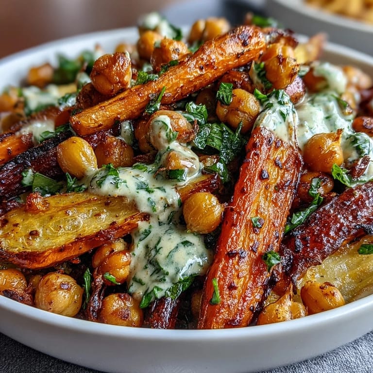 Vibrant orange carrots and golden-brown chickpeas are drizzled with creamy lemon-tahini dressing, garnished with fresh parsley for a Mediterranean-inspired vegan dinner.  
