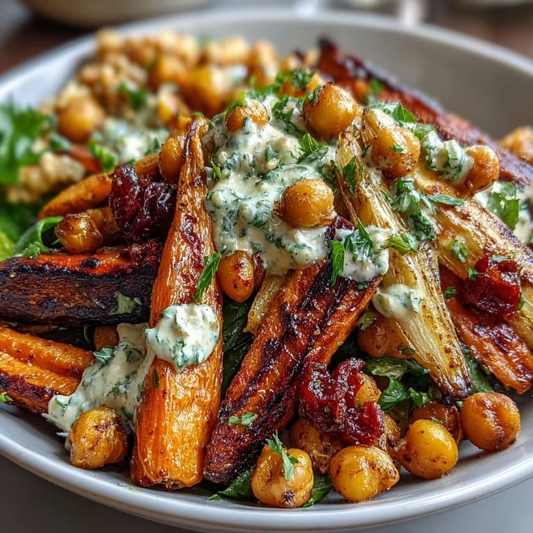 A close-up of the One-Pan Roasted Carrot and Chickpea Bowl reveals caramelized vegetables and crunchy chickpeas topped with a rich tahini sauce.