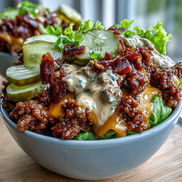 Ground beef simmered with spices and layered with shredded cheese in these meal-prep High-Protein Cheeseburger Bowls.