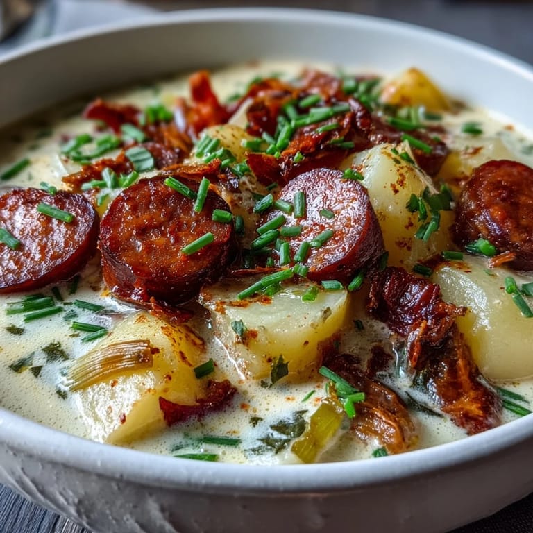 A spoon lifts a ladleful of Creamy Cajun Potato Soup with Andouille Sausage, revealing a velvety texture.
