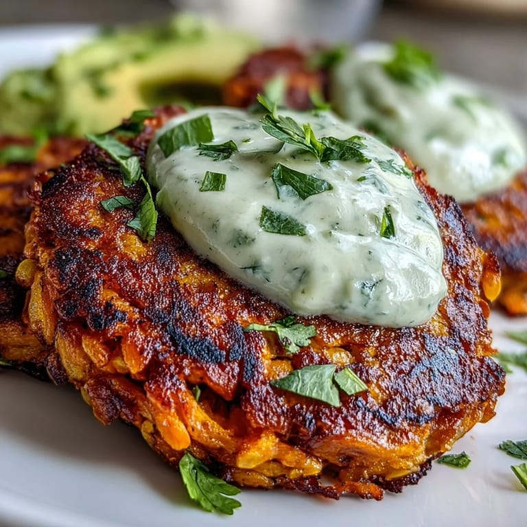 Golden brown sweet potato and red lentil patties with a bowl of green avocado cilantro sauce for dipping.