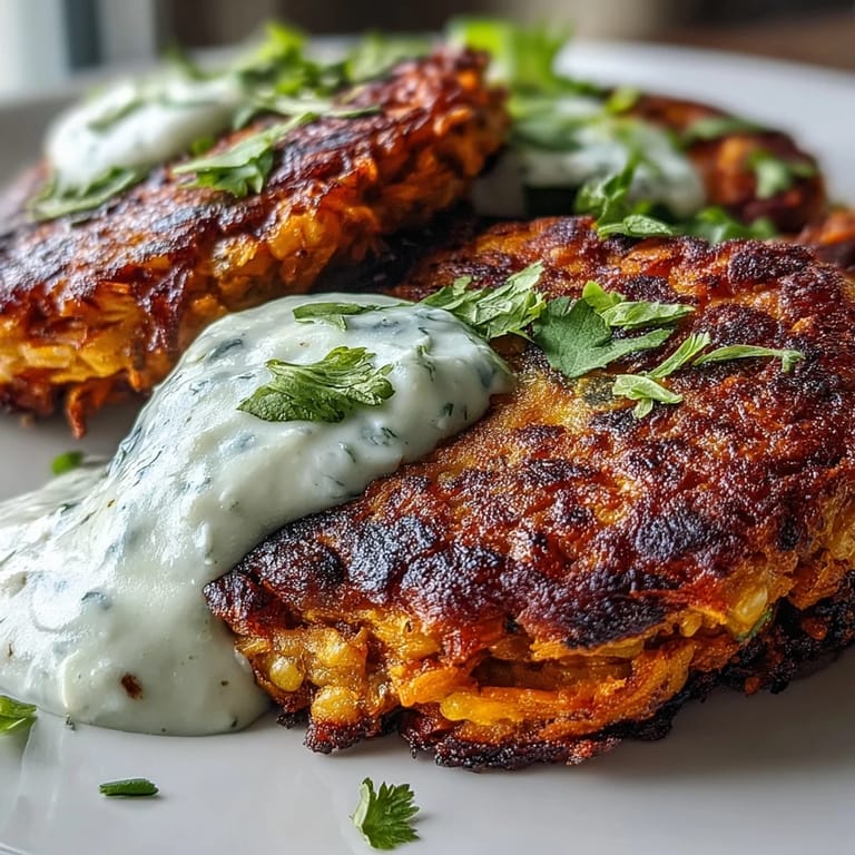 Freshly cooked sweet potato and red lentil patties with a side of creamy avocado cilantro sauce for a vegetarian snack.