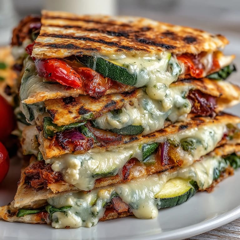 Golden-brown Grilled Mediterranean Veggie Quesadillas served with a side of cool tzatziki and fresh herbs.
