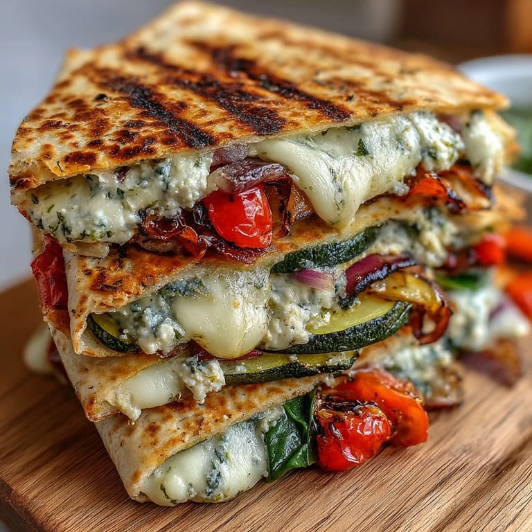 A close-up view of Grilled Mediterranean Veggie Quesadillas showcasing spinach, cherry tomatoes, and gooey mozzarella.