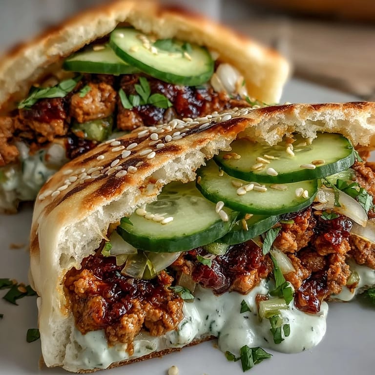 A close-up look at warm Korean Turkey Stuffed Naan Pockets, revealing savory ground turkey, crisp veggies, and a drizzle of spicy mayo sauce inside.