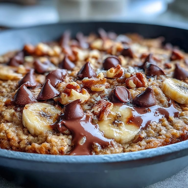 Freshly baked Chunky Monkey Oatmeal Cookie Skillet with golden edges, bananas, and walnuts on a rustic table ready to be shared.