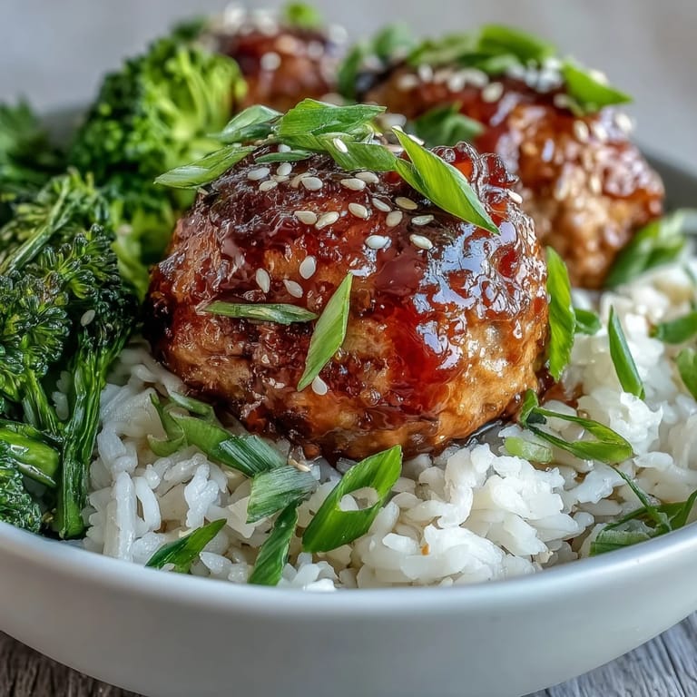 Tender turkey meatballs glazed in sweet and savory sauce served in a bowl with jasmine rice.