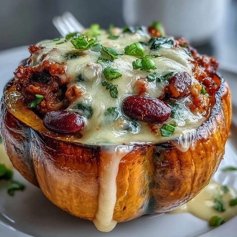 Steam rises from the cheesy Hot Honey Chili Mac Stuffed Squash, with a honey drizzle glistening on the warm, tender vegetables.