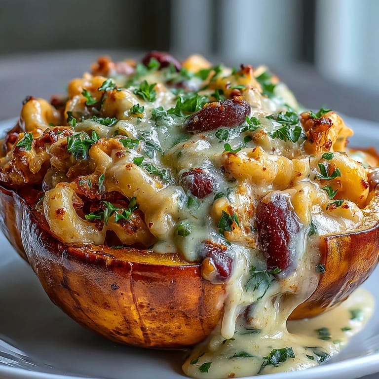 A close-up shows a forkful of spicy chili mac and roasted squash, ready to be served as a hearty vegetarian dinner.
