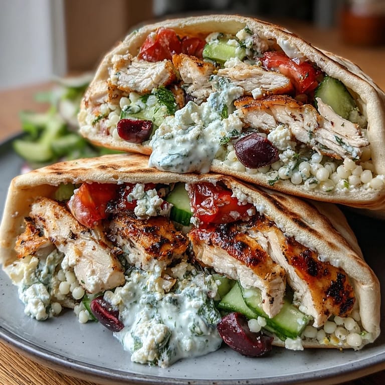 Close-up of juicy Greek Chicken Feta Stuffed Pitas revealing vibrant tomatoes, olives, and feta.