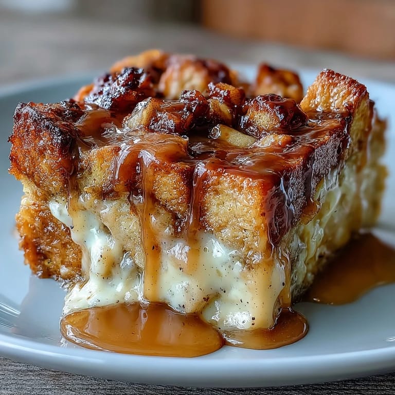 Freshly baked Caramel Apple Cheesecake Bread Pudding with tender apples, creamy custard, and golden edges.