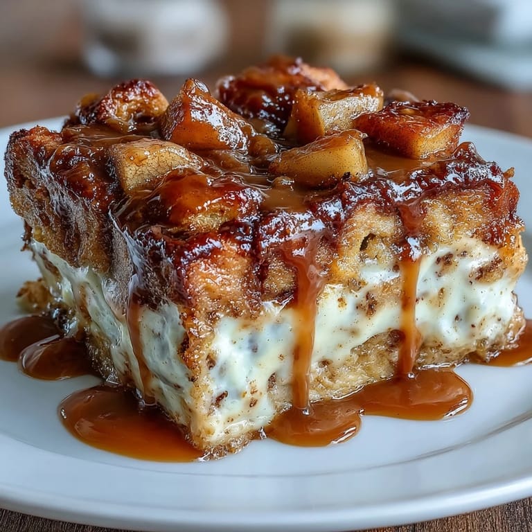 Decadent Caramel Apple Cheesecake Bread Pudding baked in a 9x13 inch dish, drizzled with caramel.