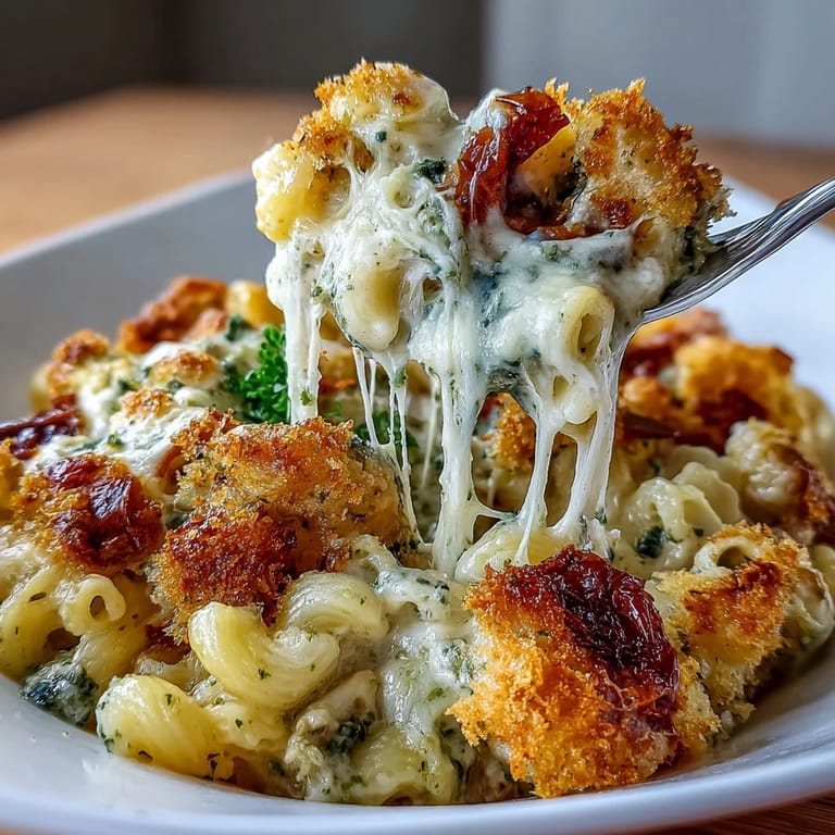 Serving spoon digging into a warm portion of Baked Pesto Chicken Mac & Cheese, revealing layers of juicy pesto chicken and cavatappi noodles.