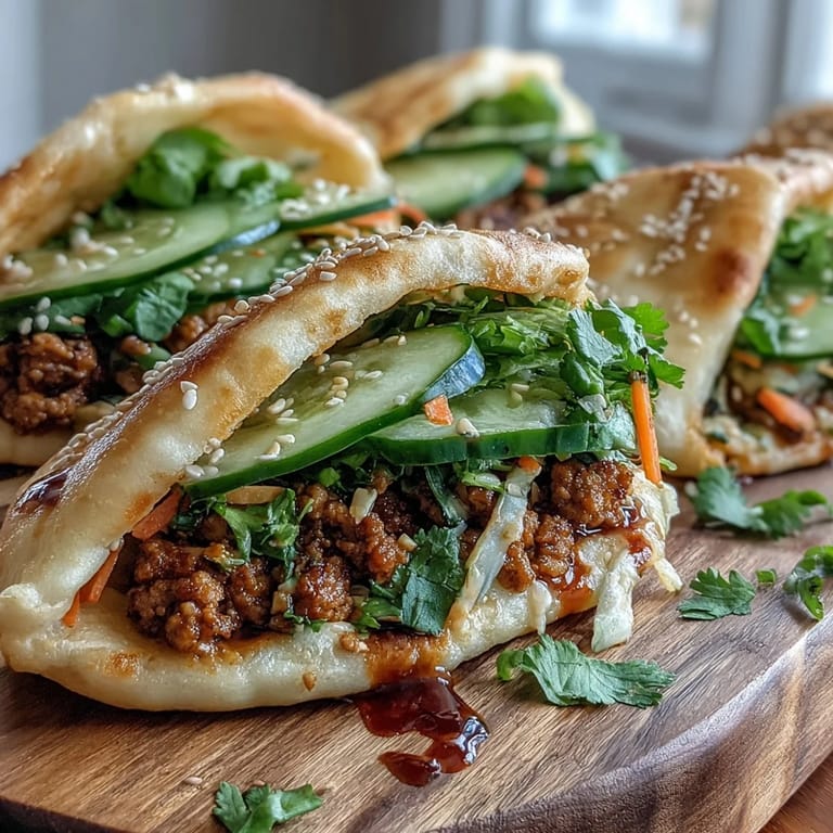 Close-up of a stuffed naan pocket revealing ground turkey filling and shredded carrots, with sesame seeds and gochujang mayo drizzled inside.