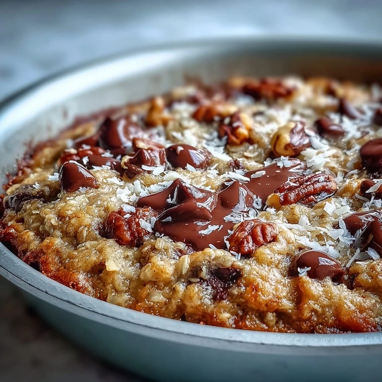 Fork holding a bite of Chunky Monkey Oatmeal Cookie Skillet revealing banana oats and chocolate chunks on a rustic plate.