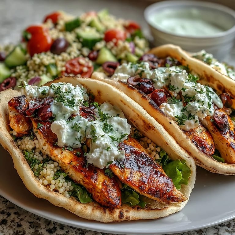 Close-up of Greek Chicken Feta Stuffed Pitas showing pearl couscous salad and juicy sliced chicken inside.