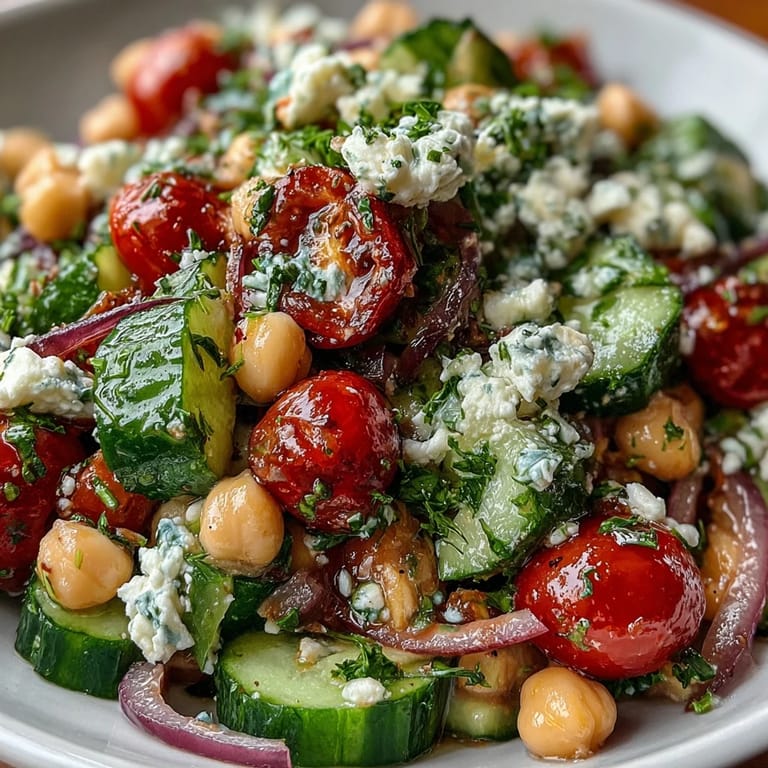Colorful Mediterranean Chickpea Salad features diced red bell pepper, fresh parsley, and protein-rich chickpeas in a light olive oil dressing.