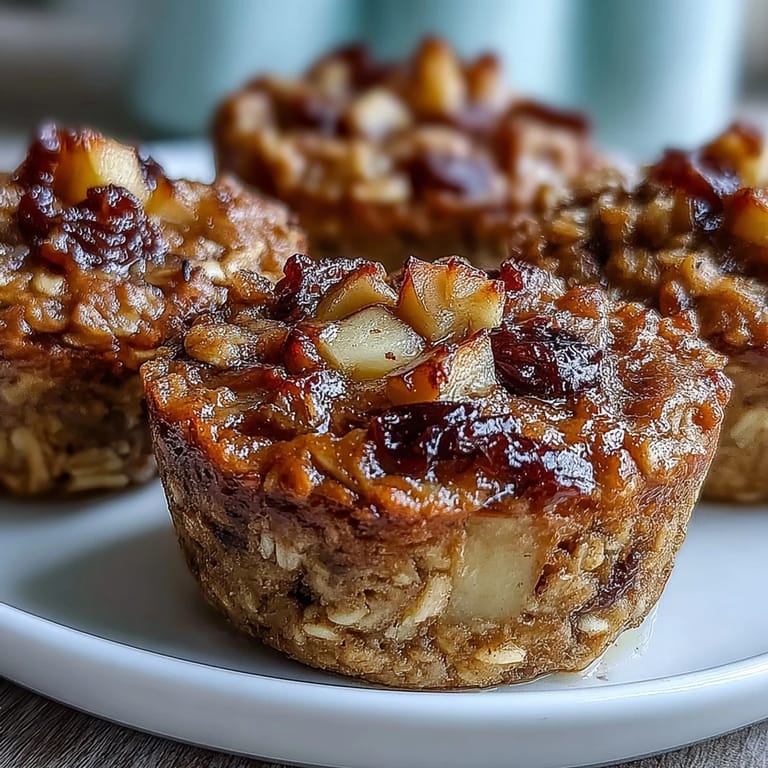 A close-up reveals the moist, chunky texture of a Vegan Apple Cinnamon Baked Oatmeal Cup, showcasing tender baked apple pieces inside.