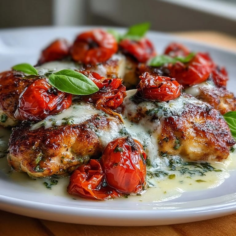 Close-up of Keto Creamy Pesto Chicken with Roasted Tomatoes, featuring juicy tomato halves and melted Parmesan on tender chicken.