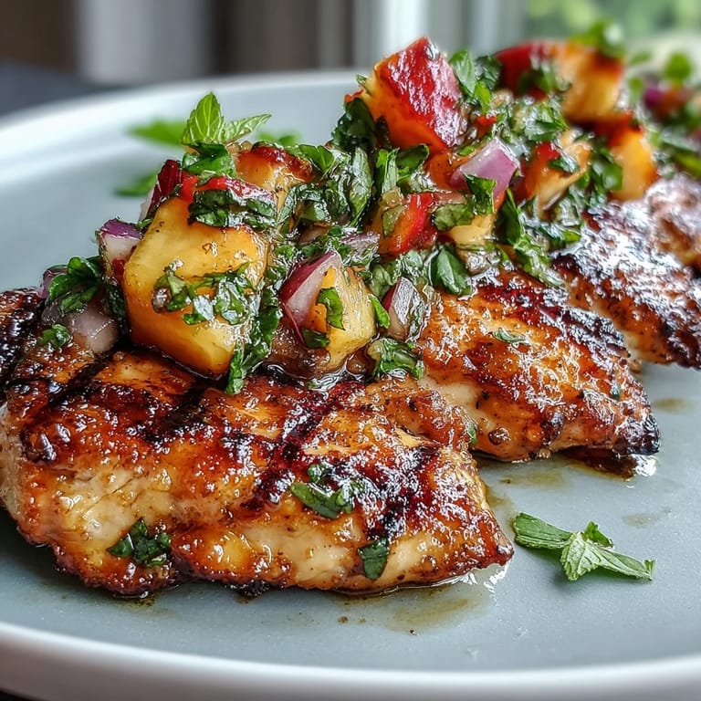 Tender grilled chicken breasts topped with vibrant chunky peach salsa and chopped red onions, resting on a rustic wooden board.