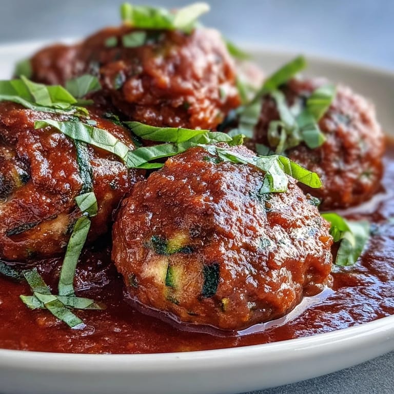 Close-up of golden brown Clean Eating Turkey and Veggie Meatballs in rich marinara, topped with fresh basil on zucchini noodles.