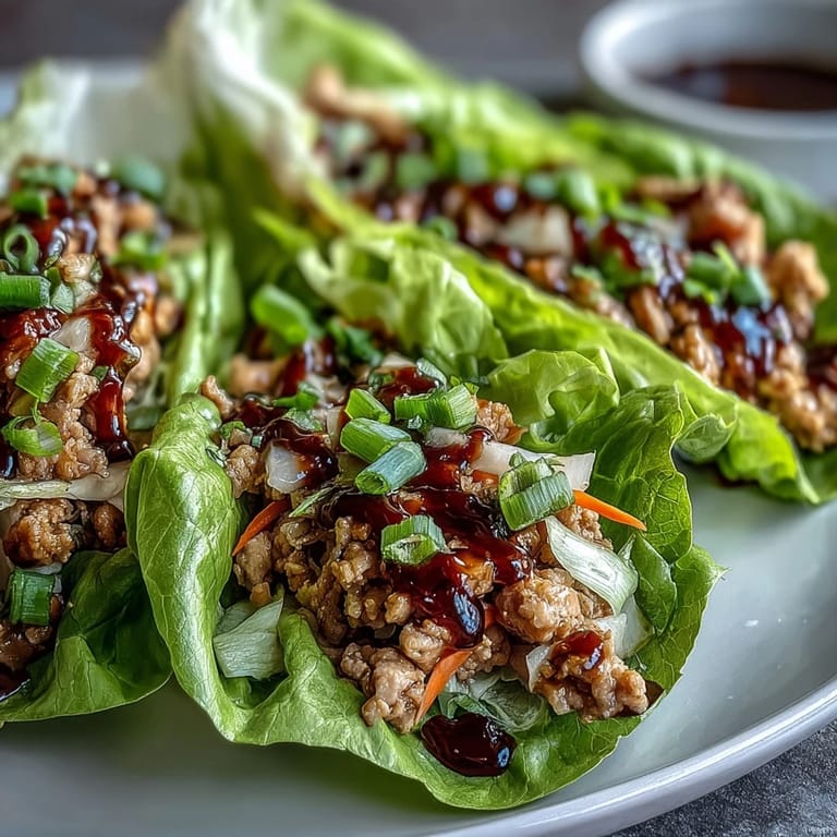 A top-down view of Skinny Asian Chicken Lettuce Wraps with Hoisin Sauce, garnished with green onions and sesame seeds, ready to be enjoyed as a healthy, low-carb meal.