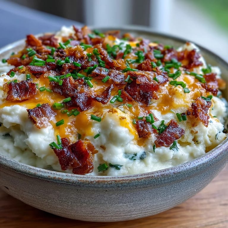 Creamy Keto Bacon and Cheddar Cauliflower Mash topped with fresh chives, served alongside grilled steak for dinner.