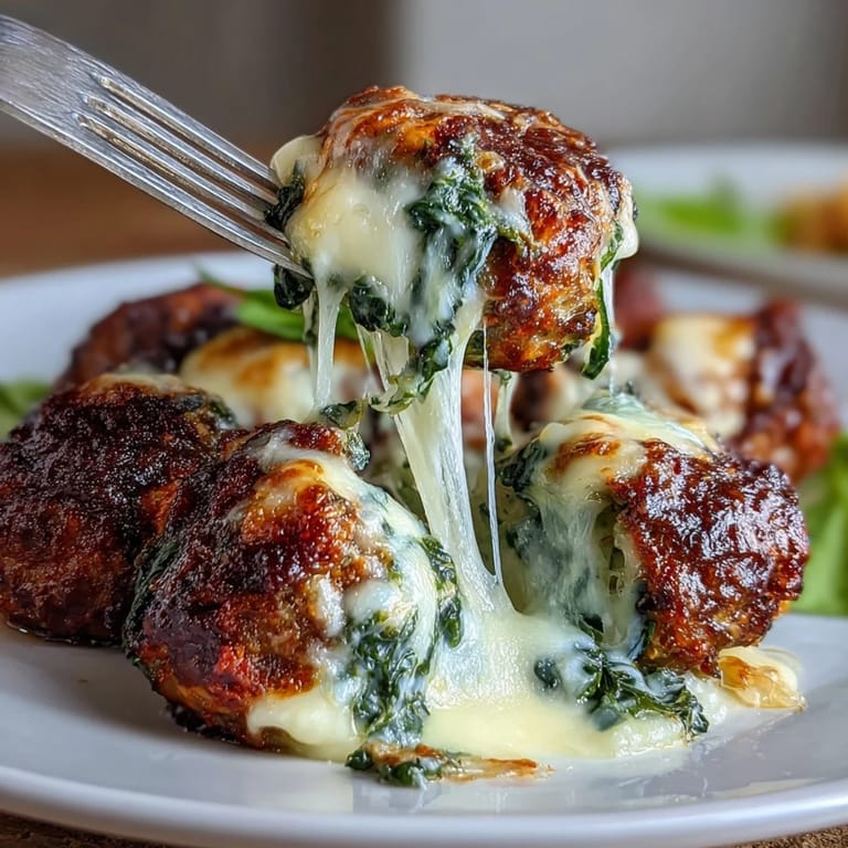 Flavorful spinach and garlic stuffed meatballs with melted mozzarella, perfect for an Italian-American dinner with pasta or crusty bread.  