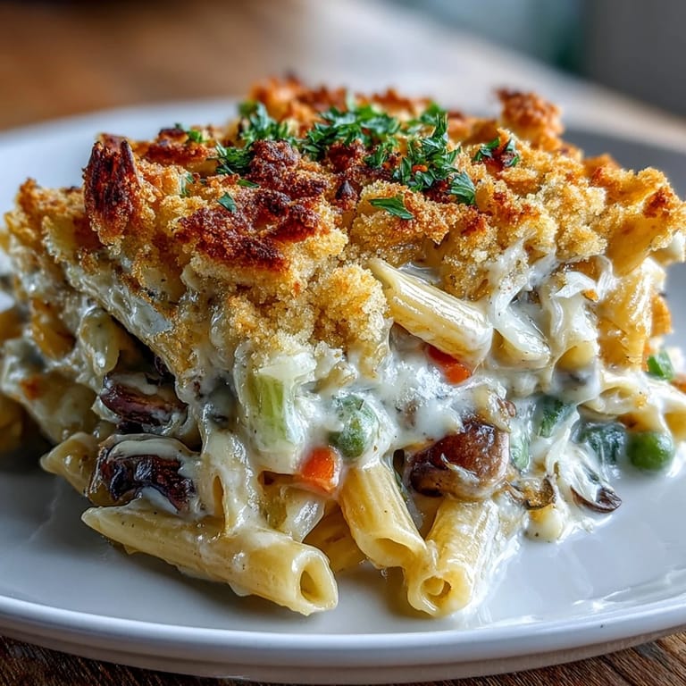 Cozy baked pasta with pot pie flavors, featuring al dente penne, buttery biscuit crumbs, and a medley of colorful veggies.