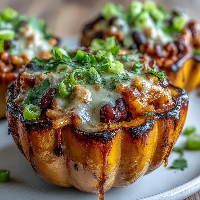 Vegetarian acorn squash stuffed with chili mac, topped with melted cheddar and drizzled with hot honey.  