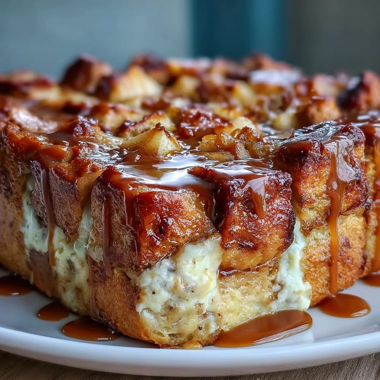Rich custard-soaked bread pudding baked with tender apple chunks and dollops of caramel cheesecake, topped with a buttery brown sugar glaze.  