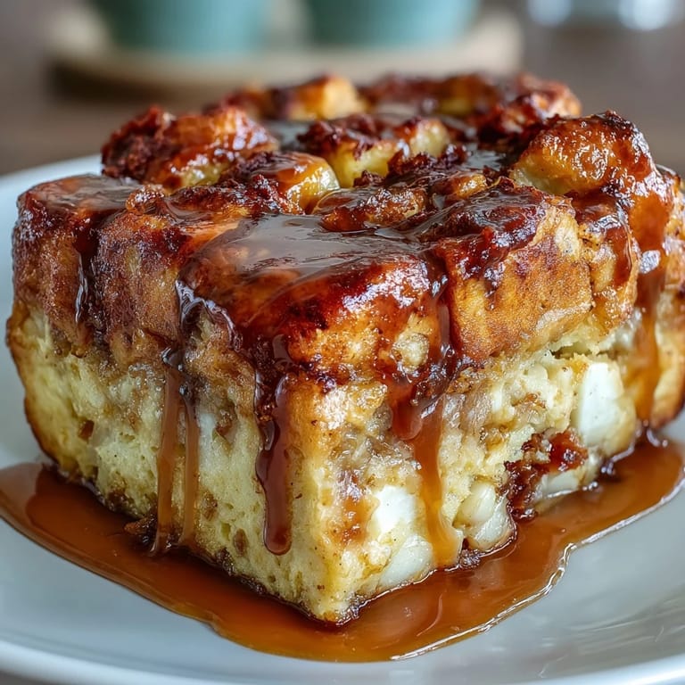Warm, spiced caramel apple cheesecake bread pudding served in a baking dish, drizzled with extra caramel sauce for ultimate indulgence.